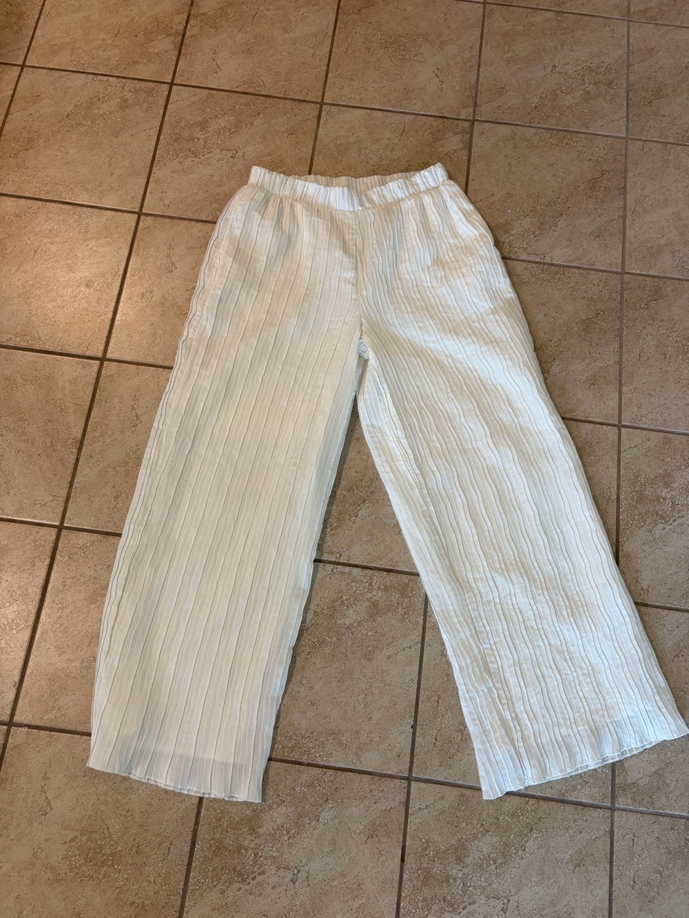 Marled White Pleated Wide-Leg Trousers